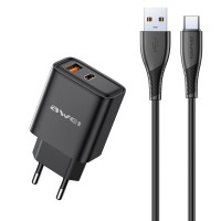  Lādētājs Awei PD81T-EU USB-A/USB-C + USB to USB-C kabelis black 